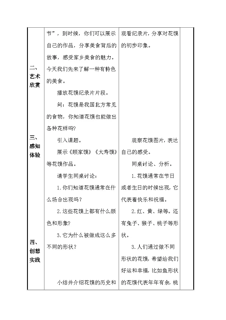 人美版(2024)一年级上册美术第四单元 1、巧手捏花馍 教案(表格式)第3页