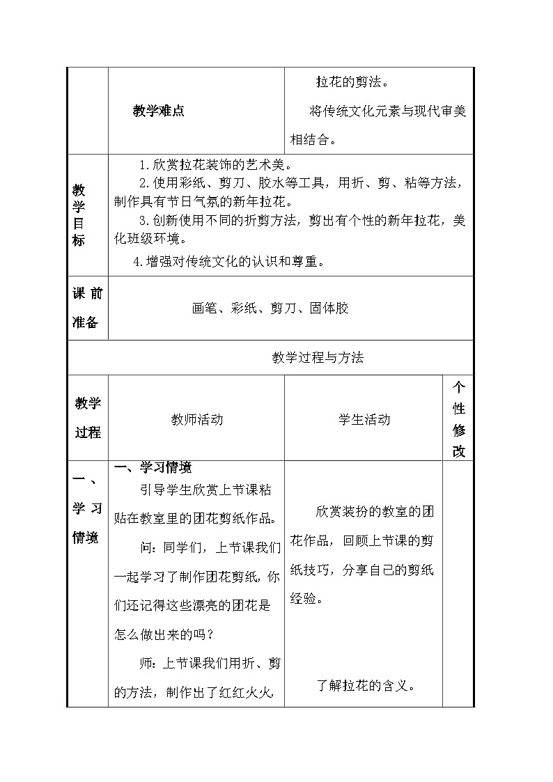 人美版(2024)一年级上册美术第五单元 2、巧手饰新年 教案(表格式)第2页