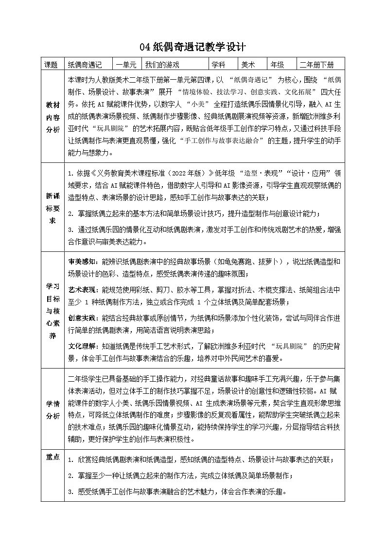 人教版小学美术二下 04纸偶奇遇记 教案第1页