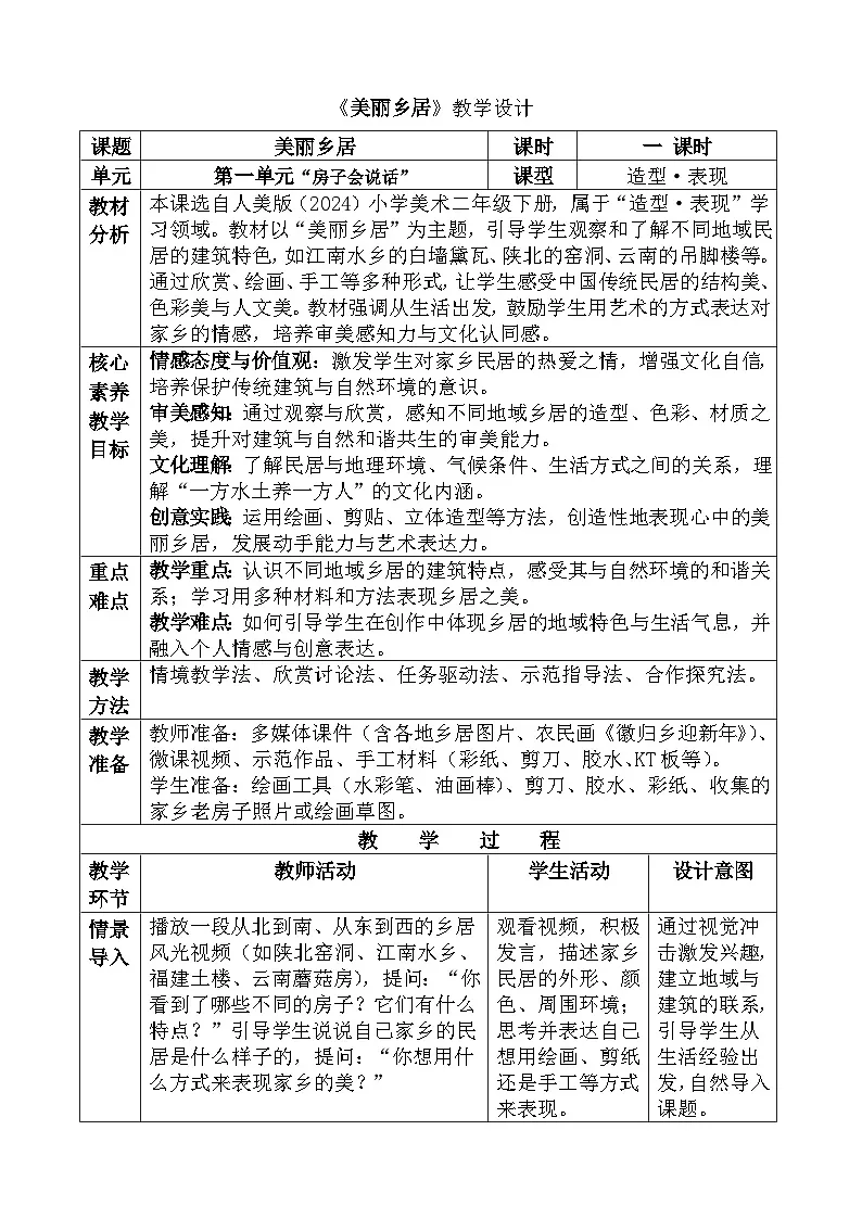 人美版(2024)二年级下册《美丽乡居》教案第1页