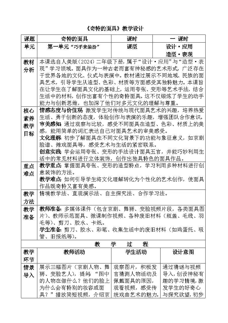 人美版(2024)二年级下册《奇特的面具》教案第1页