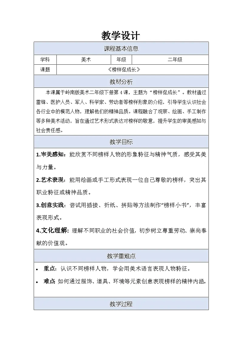 2026岭南版小学美术二年级下册 第4课《榜样促成长》教学设计第1页