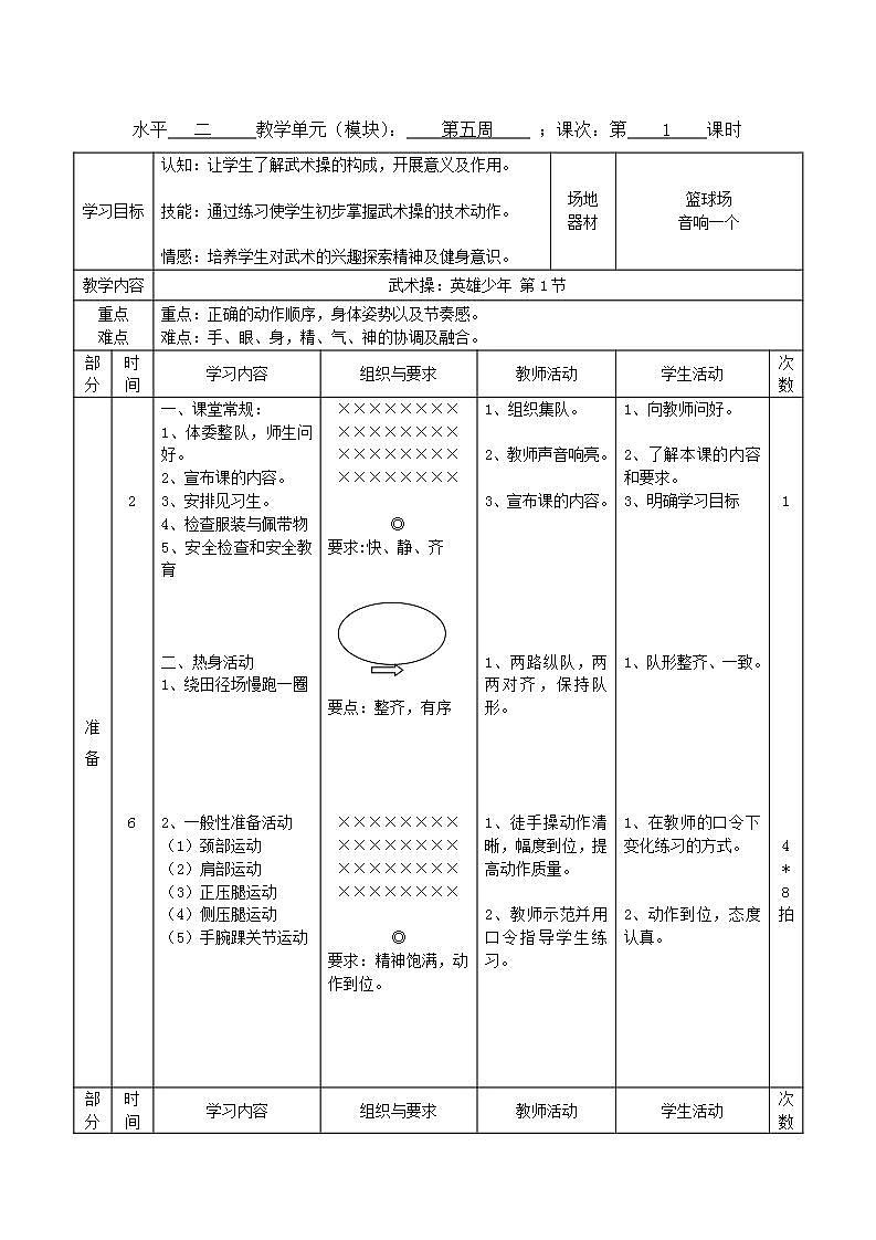 三年级上册体育教案-武术操 英雄少年第一课时第一节∣全国通用版第1页
