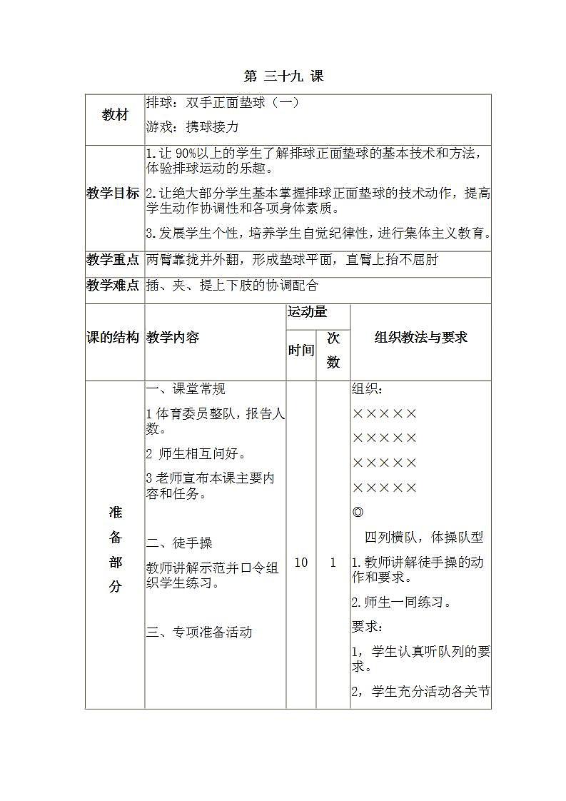 三年级全册体育与健康表格式教案-第三十九课1.排球:双手正面垫球(一)2.游戏:携球接力 人教版第1页