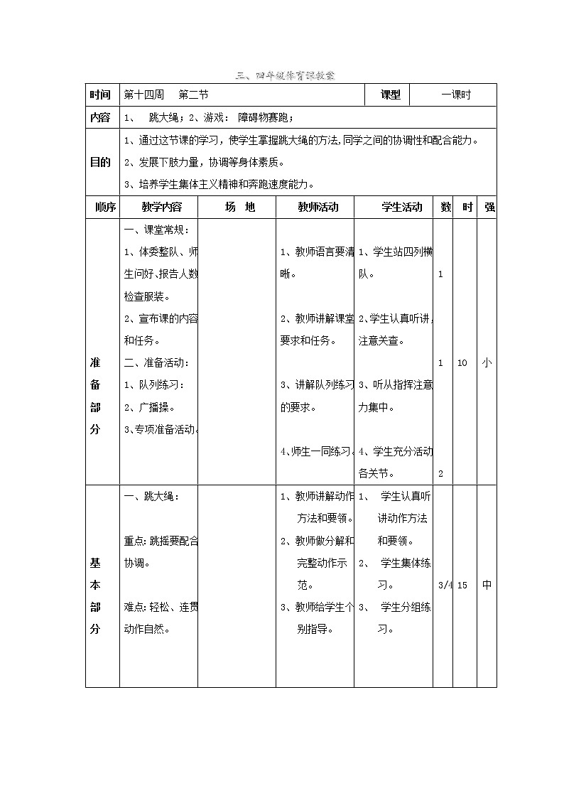 第14周  第2节  跳大绳;游戏: 障碍物赛跑  教案01
