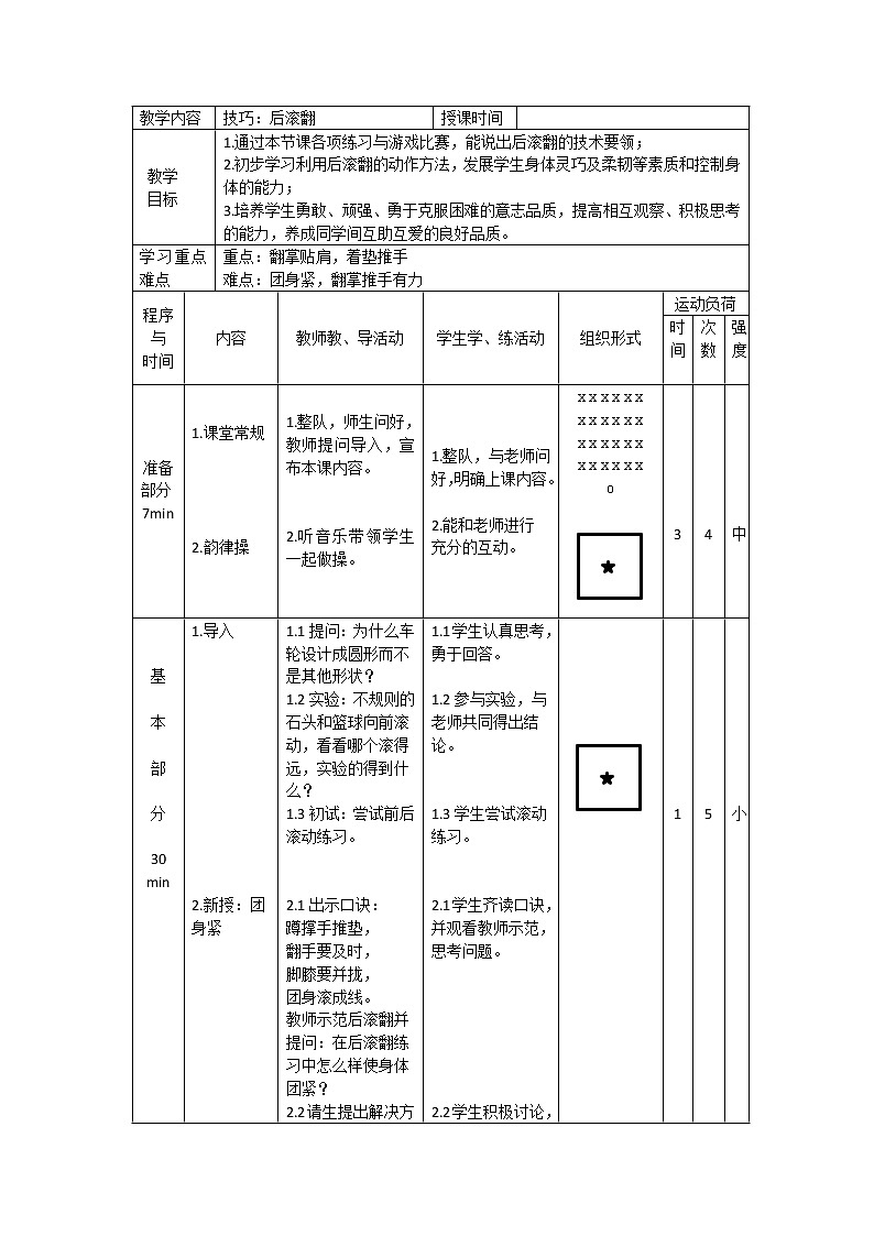 人教版三~四年级体育与健康 5.3.2后滚翻 教案01