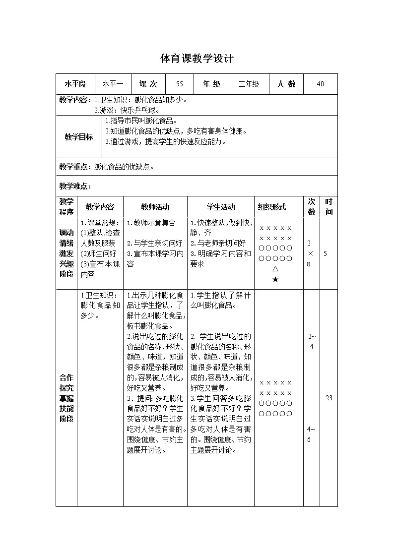 二年级下册体育表格式教案-42 卫生知识:膨化食品知多少-通用版01