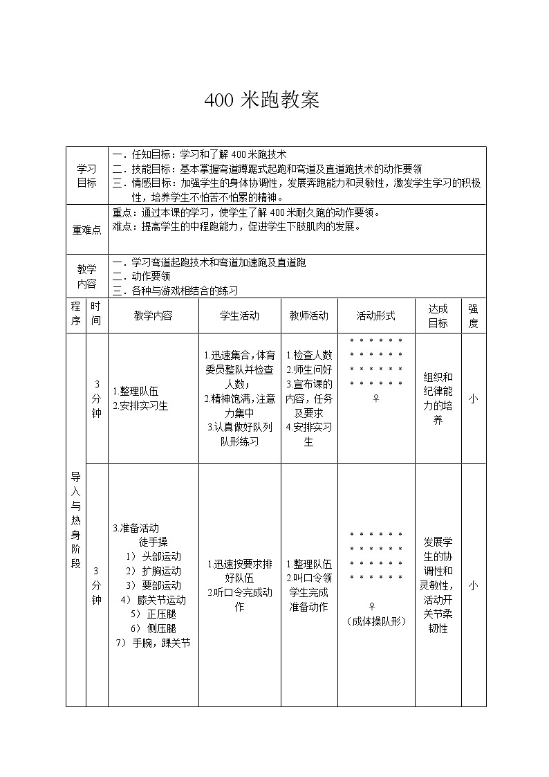 四年级上册体育教案-400米跑 人教版第1页