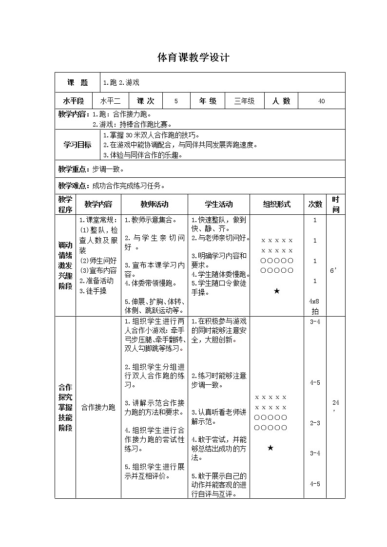 三年级下册体育表格式教案-4 跑:合作接力跑-通用版01