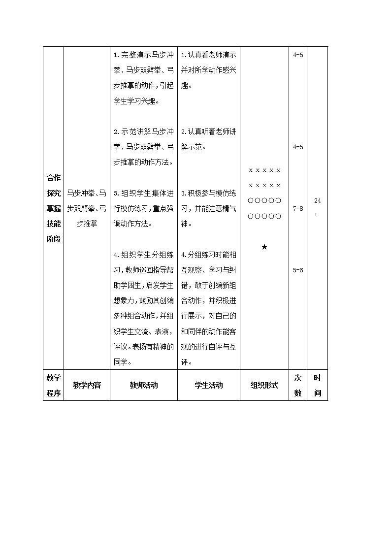 三年级下册体育表格式教案-23 武术:马步冲拳、马步双劈拳、弓步推掌-通用版第2页