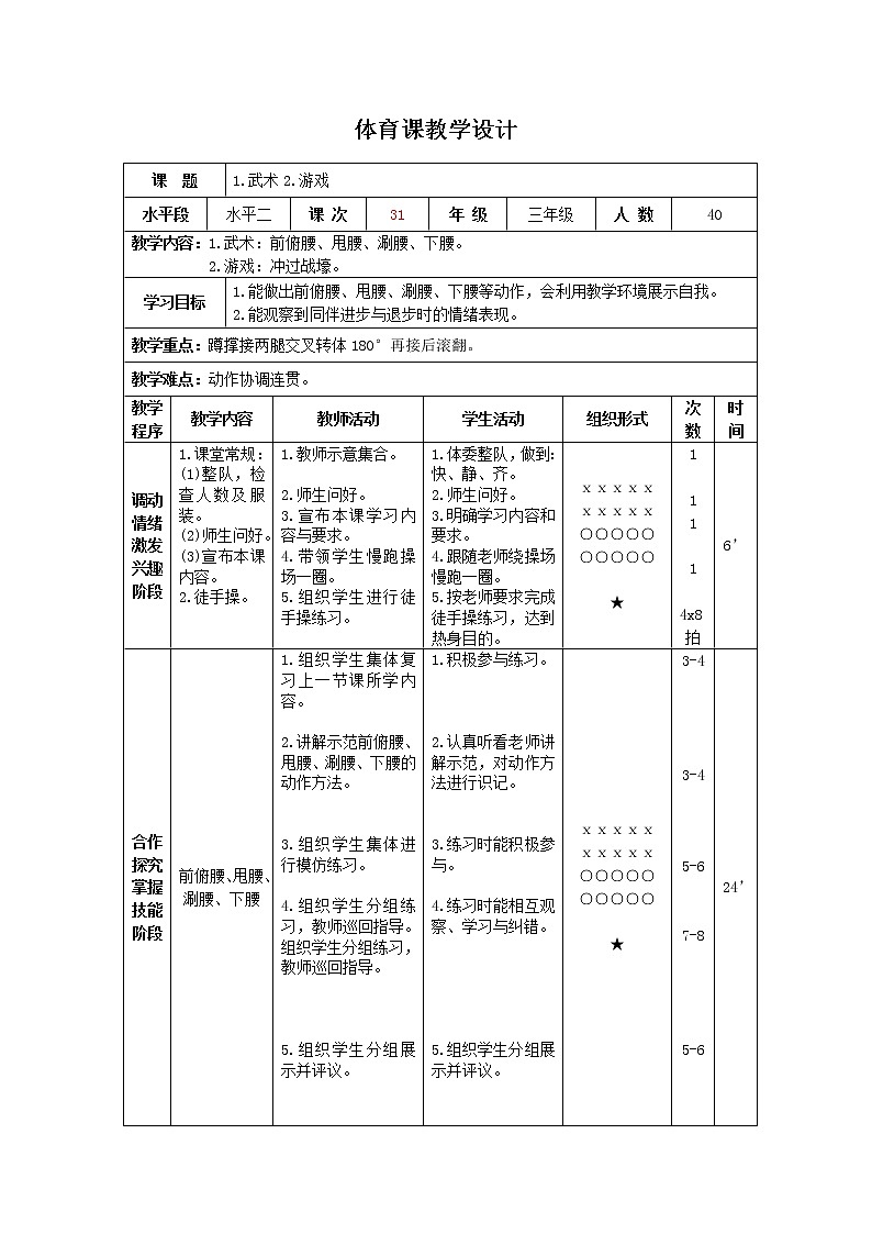 三年级下册体育表格式教案-25 武术:前俯腰、甩腰、涮腰、下腰-通用版01