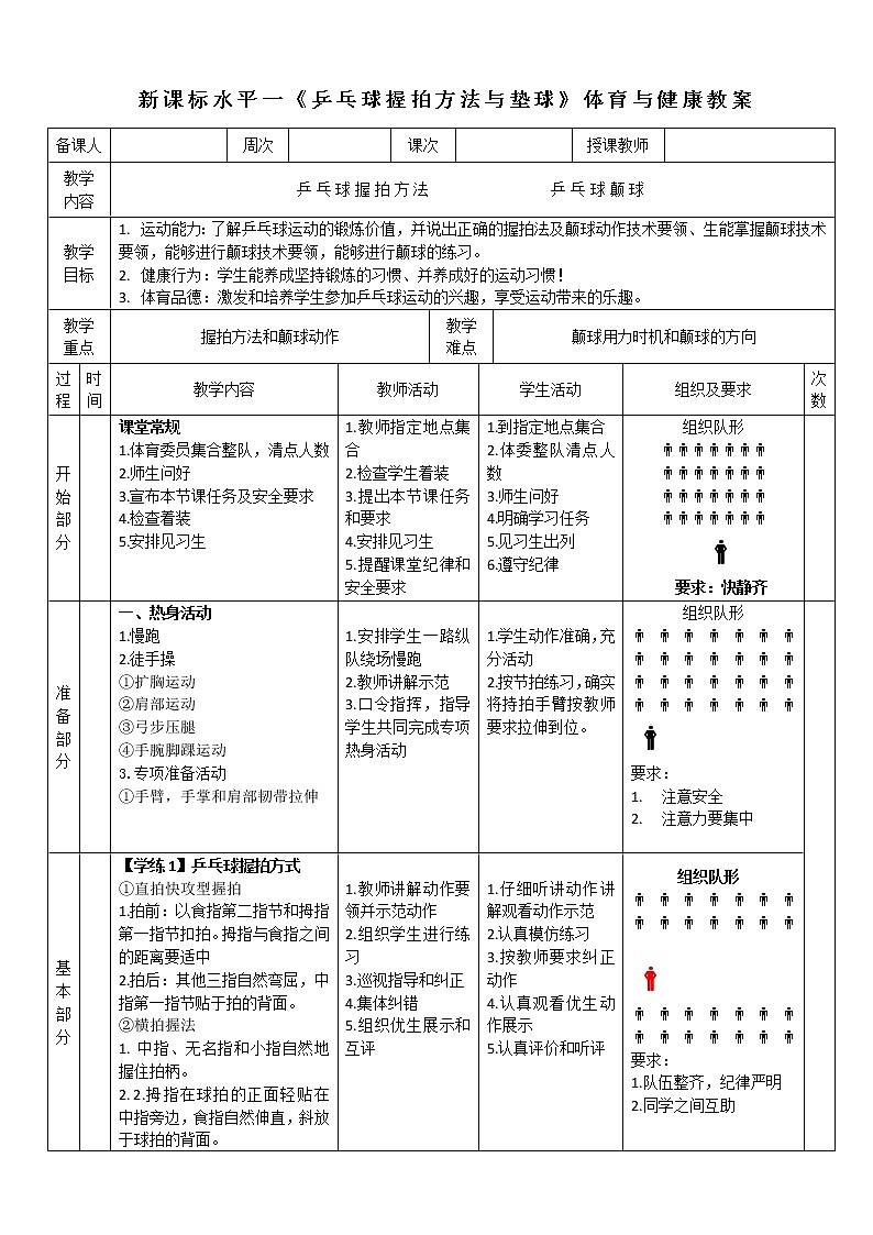 人教版体育与健康一至二年级乒乓球《握拍与颠球》教学设计第1页