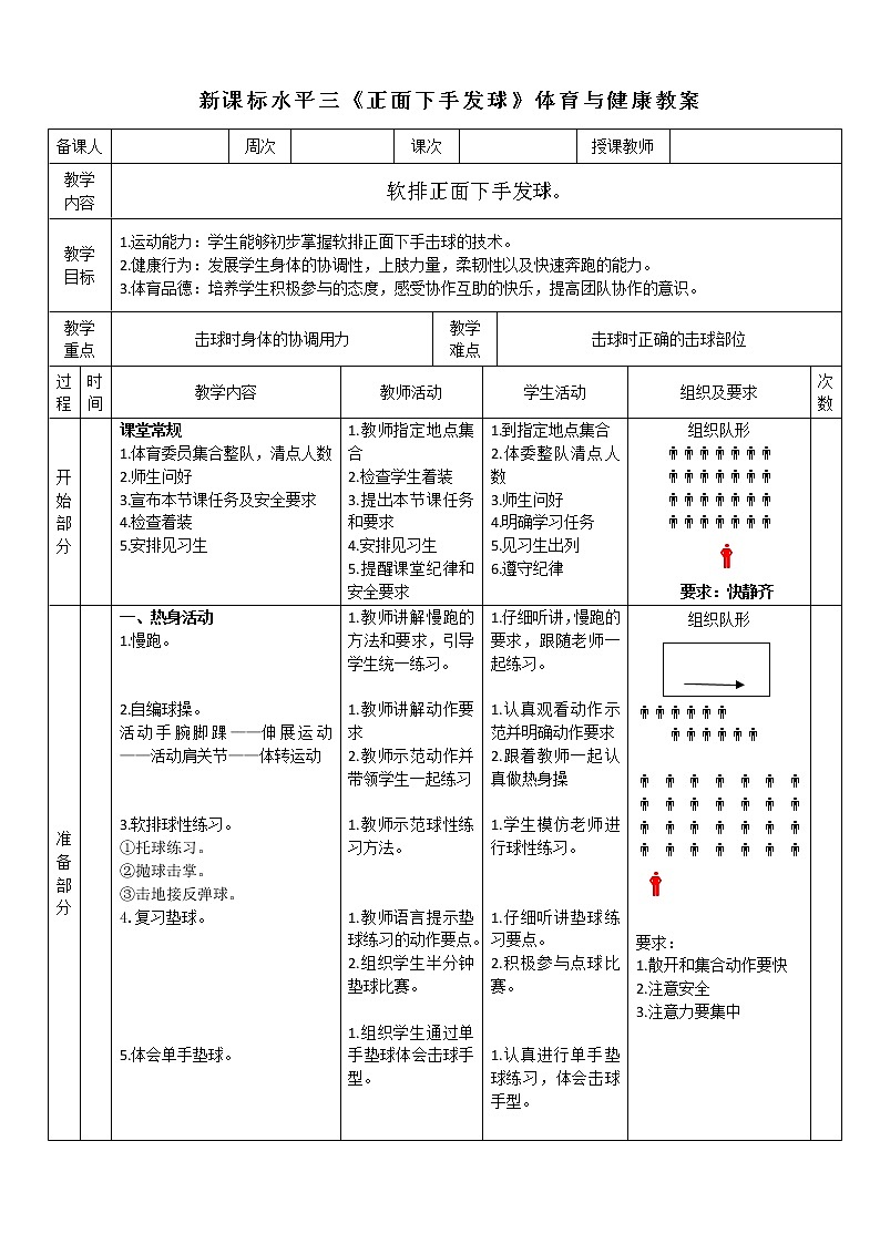 人教版体育与健康水平三五至六年级排球《软排正面下手发球》教学设计01