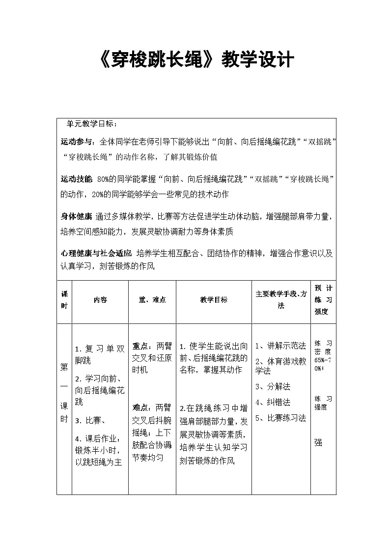 人教版 体育与健康 5-6年级全一册 -《穿梭跳长绳》教案01