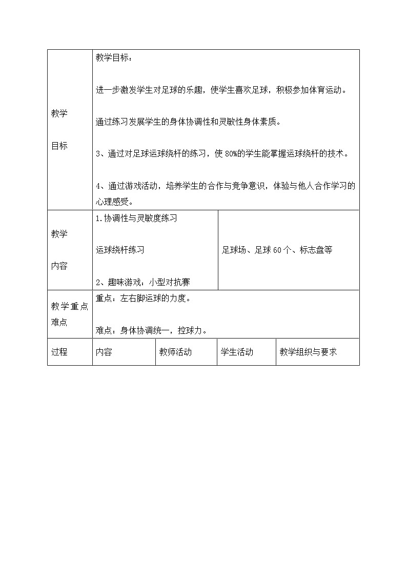 人教版 体育与健康 5-6年级全一册 运球绕杆练习 教案(表格式)第1页