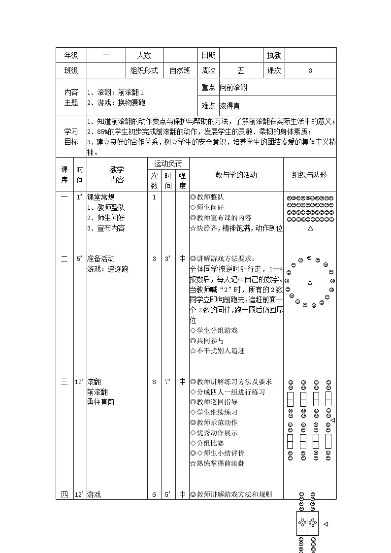 前滚翻(教案)人教版体育一年级上册第1页