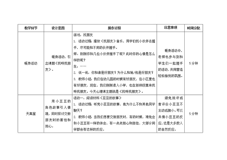 第二课  找呀找朋友 教学设计-一年级全一册小学心理健康(南大版)教案第2页