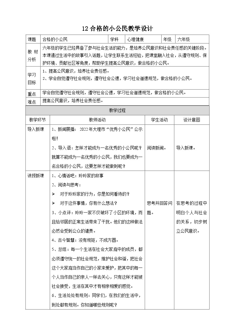 北师大版心理健康六年级下册12.《合格的小公民》合格的小公民 课件+教案01