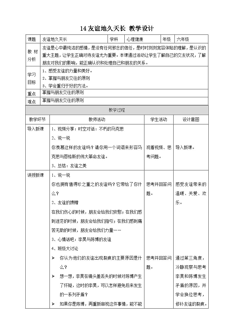 北师大版心理健康六年级下册14.《友谊地久天长》课件+教案+素材01