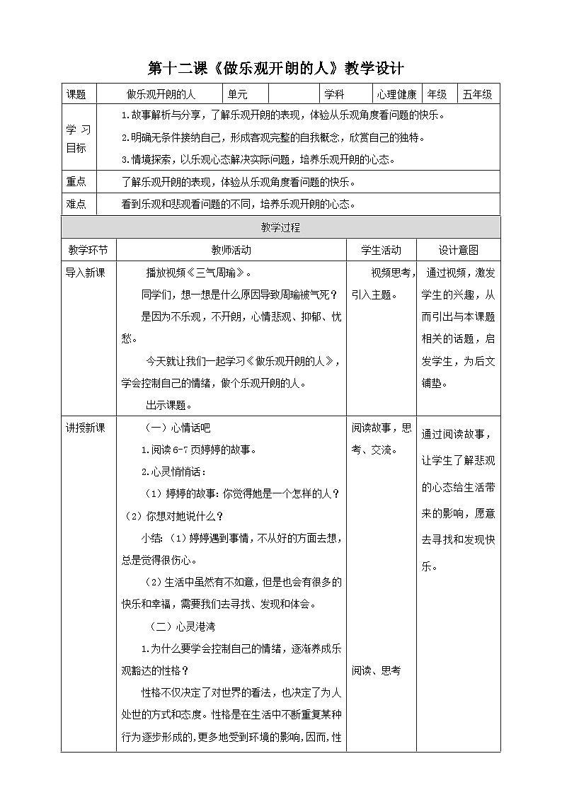 北师大版心理健康五年级下册 12.《做乐观开朗的人》课件+教案+素材01