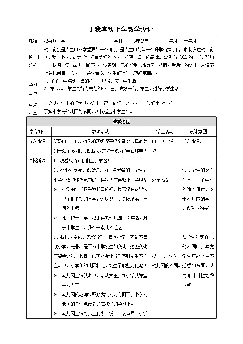 【北师大版】心理健康一年级上册 第1课 我喜欢上学 教学设计第1页