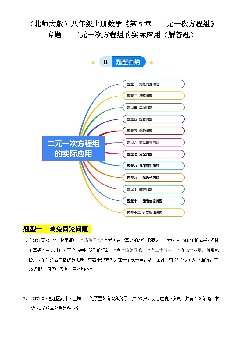专题 二元一次方程组的实际应用(解答题)(12大题型提分练)(原卷版)-A4第1页