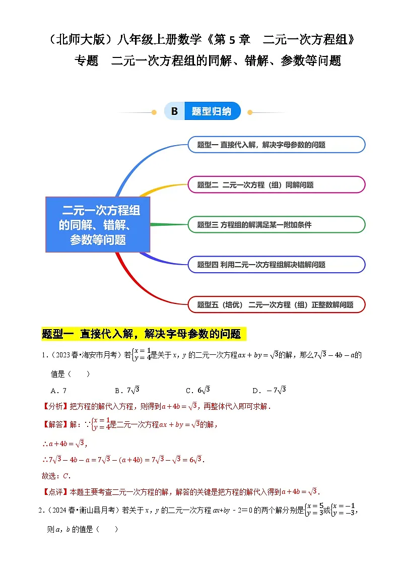 专题 二元一次方程组的同解、错解、参数等问题(5大题型提分练)(解析版)-A4第1页