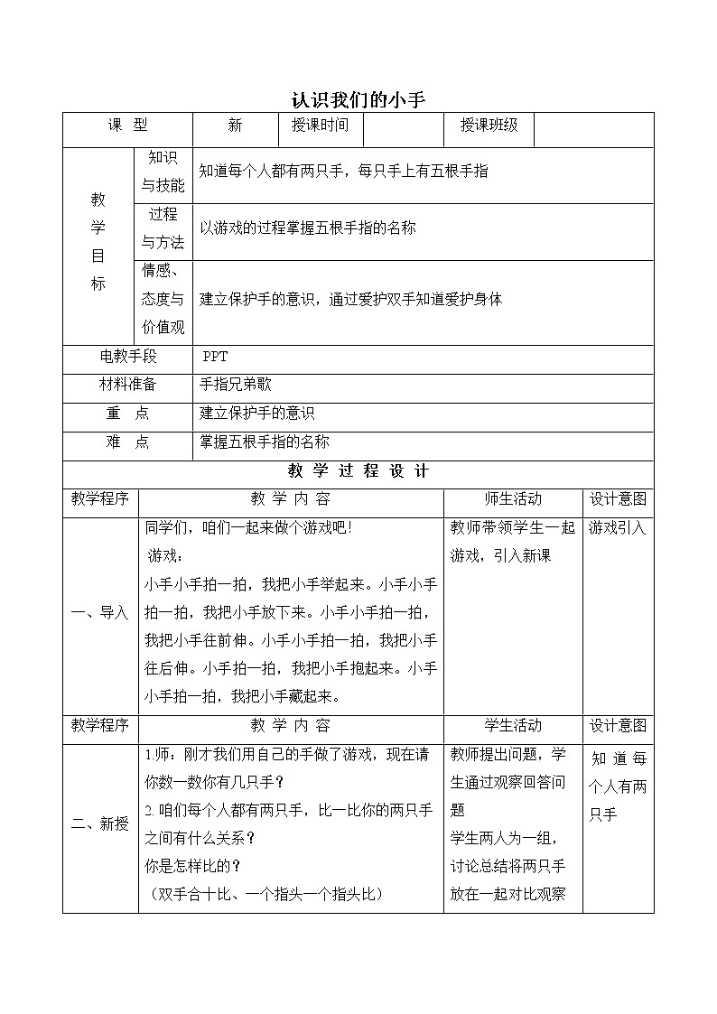 内蒙古版综合实践活动二上 4.1 认识我们的小手 教案(表格式)第1页