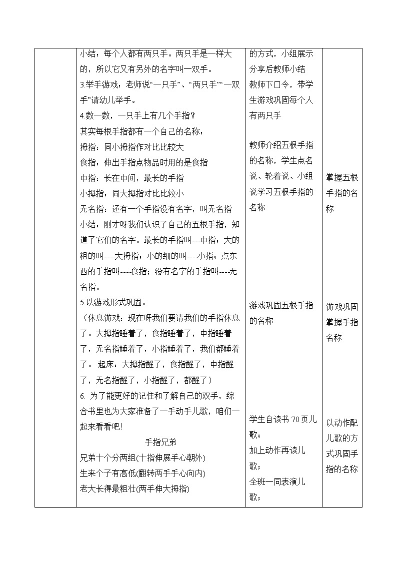 内蒙古版综合实践活动二上 4.1 认识我们的小手 教案(表格式)第2页