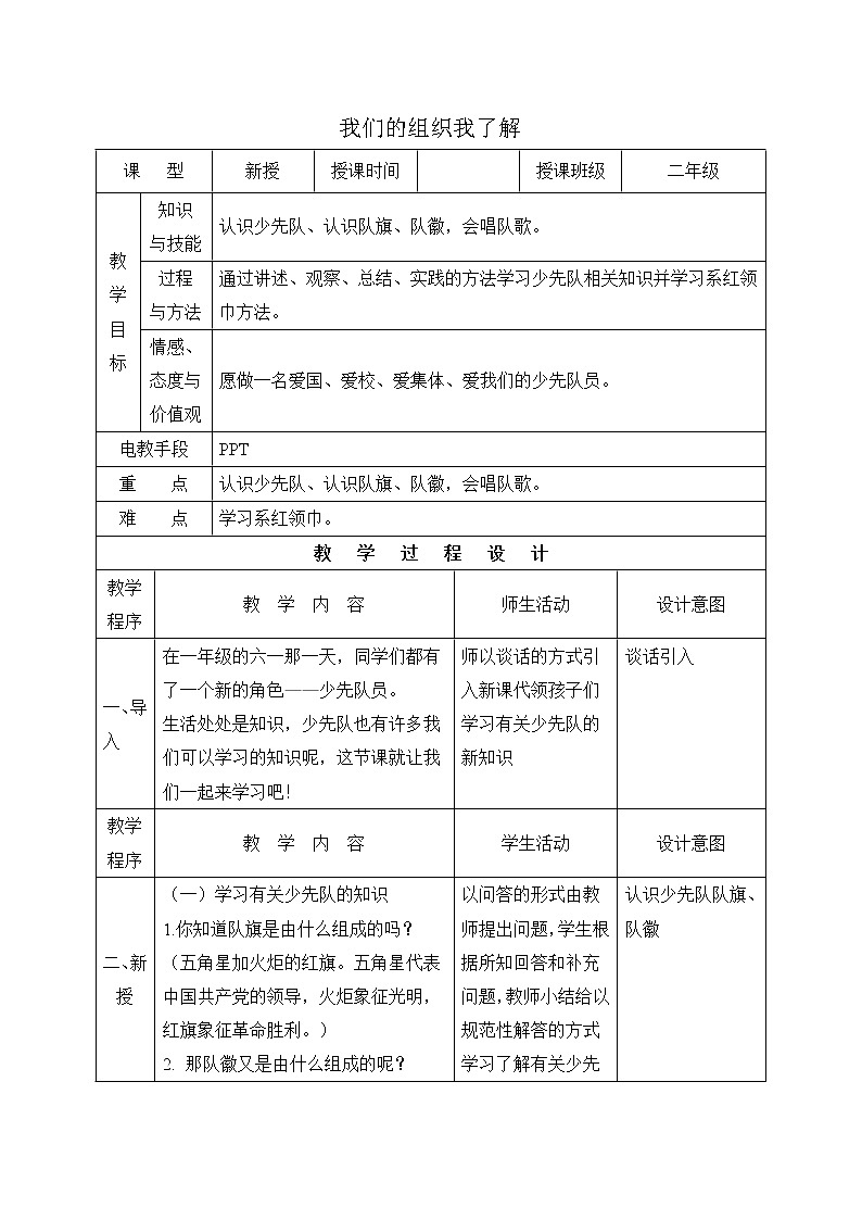 内蒙古版综合实践活动二上 2.1 我们的组织我了解 教案(表格式)01