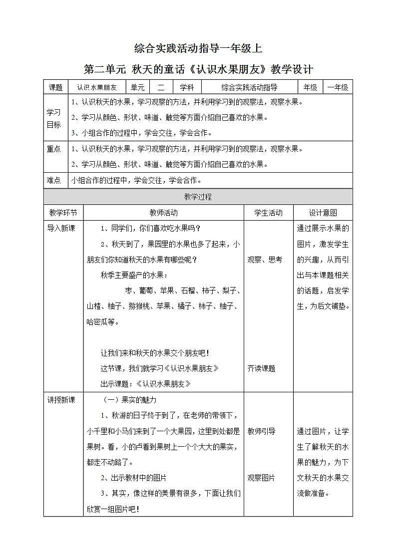 内蒙古版综合实践一上 第二单元 秋天的童话 主题活动二《认识水果朋友》课件+教案01