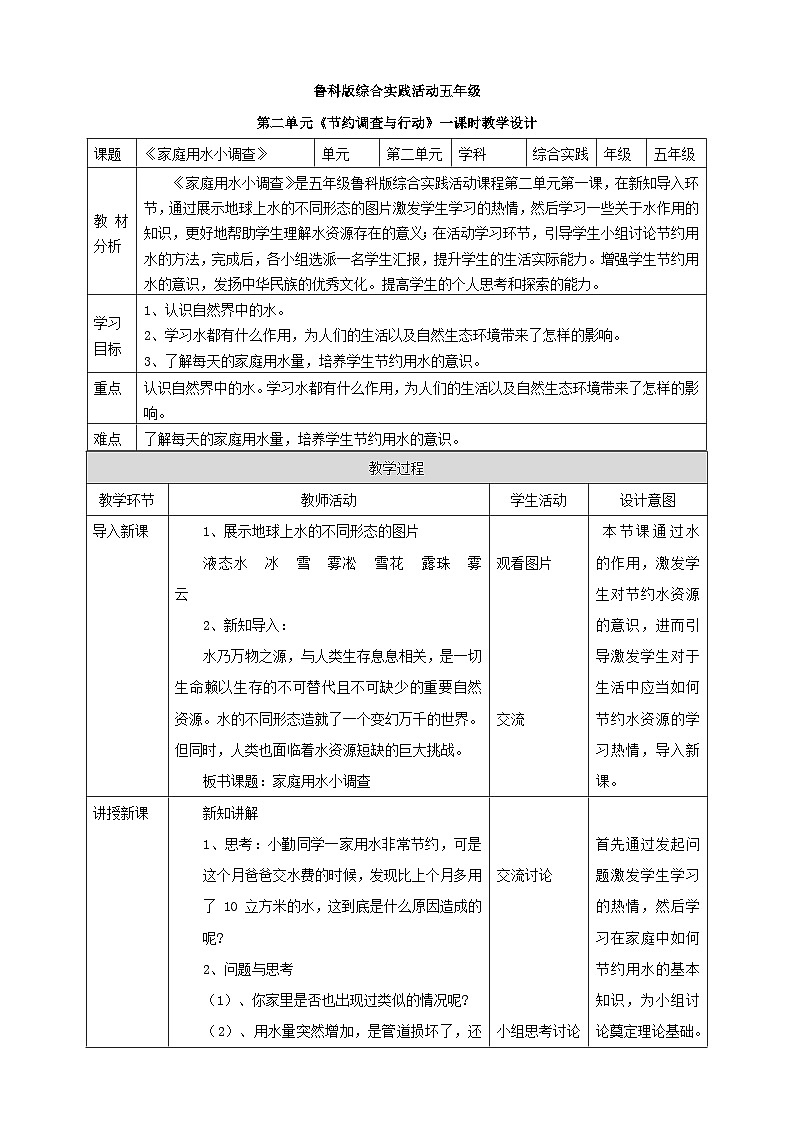 鲁科版综合实践活动五上 2.1《家庭用水小调查》课件+教案01