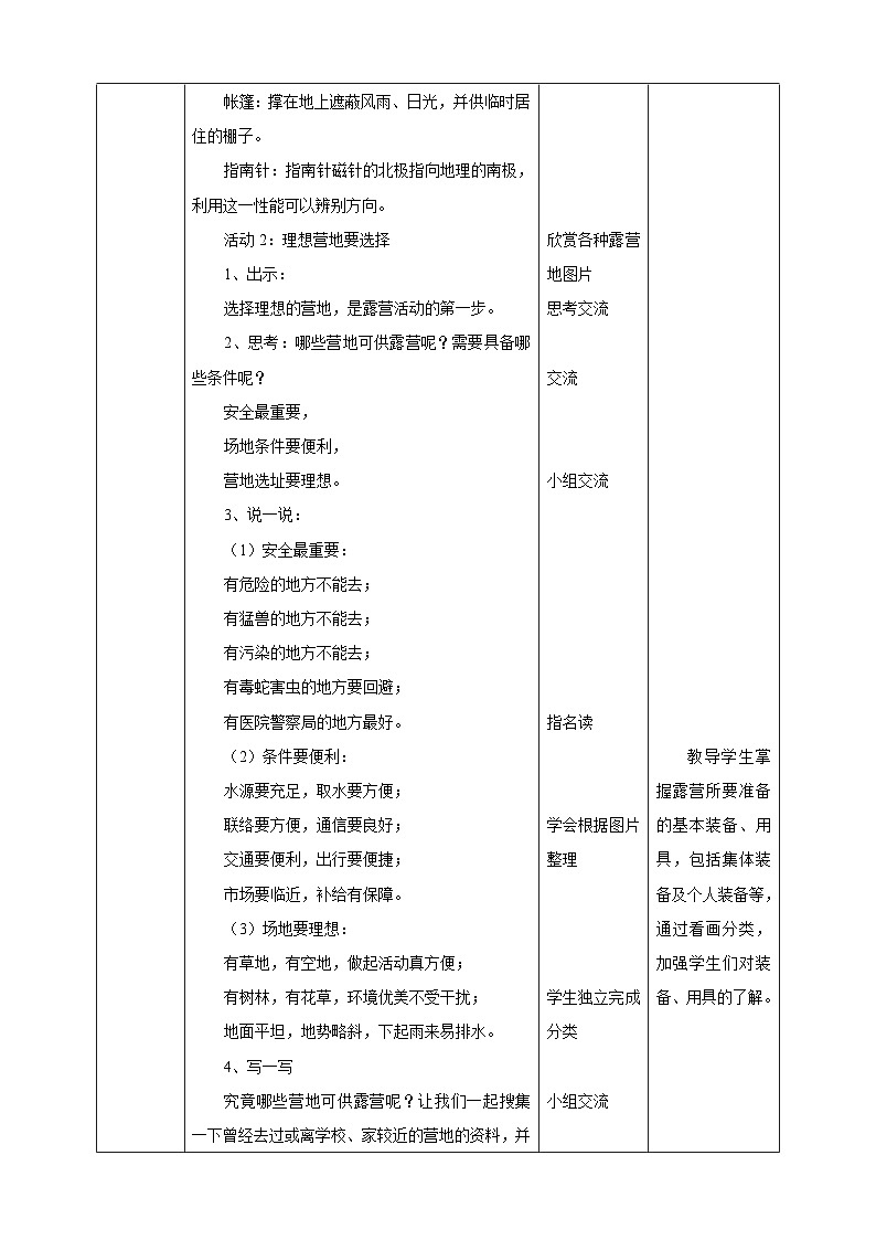 综合实践二年级 户外活动小行家 第一课时《露营知识知多少》教案第3页