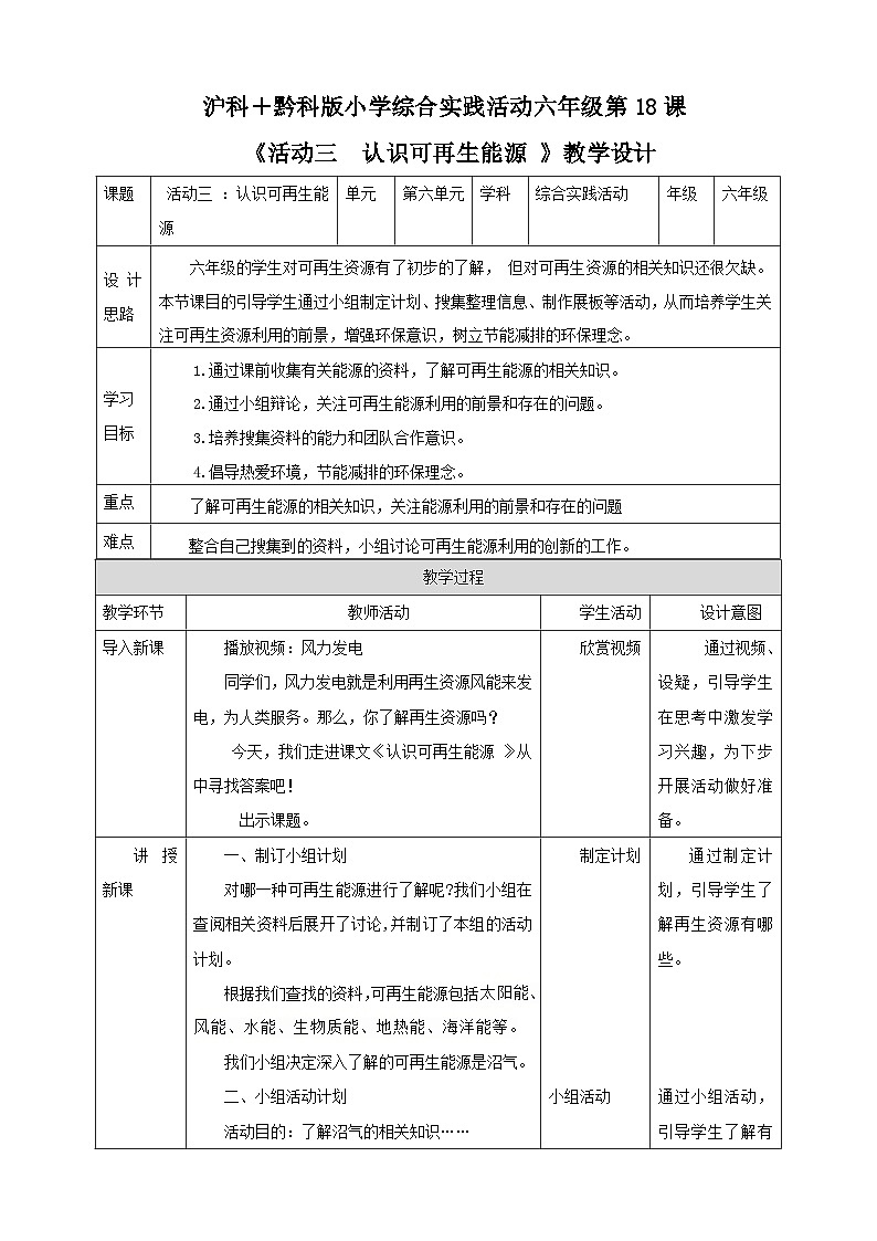 【沪科+黔科版】《综合实践活动》六上 关注能源 活动三《认识可再生能源》教案第1页