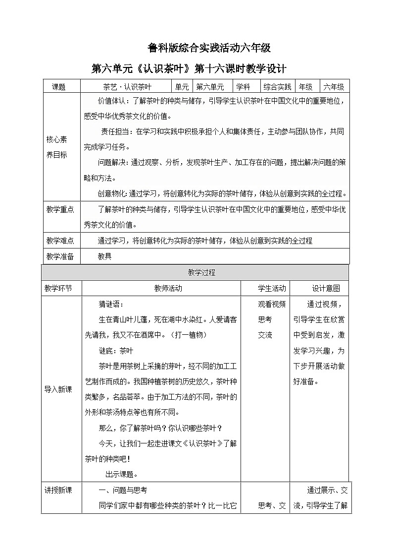 【鲁科版】《综合实践活动》六下 6.2《茶艺·认识茶叶》教案第1页
