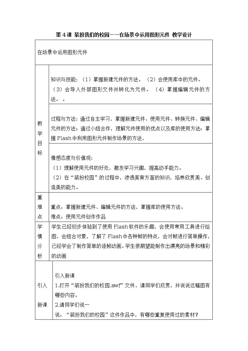 第4课 装扮我们的校园——在场景中运用图形元件 教学设计第1页