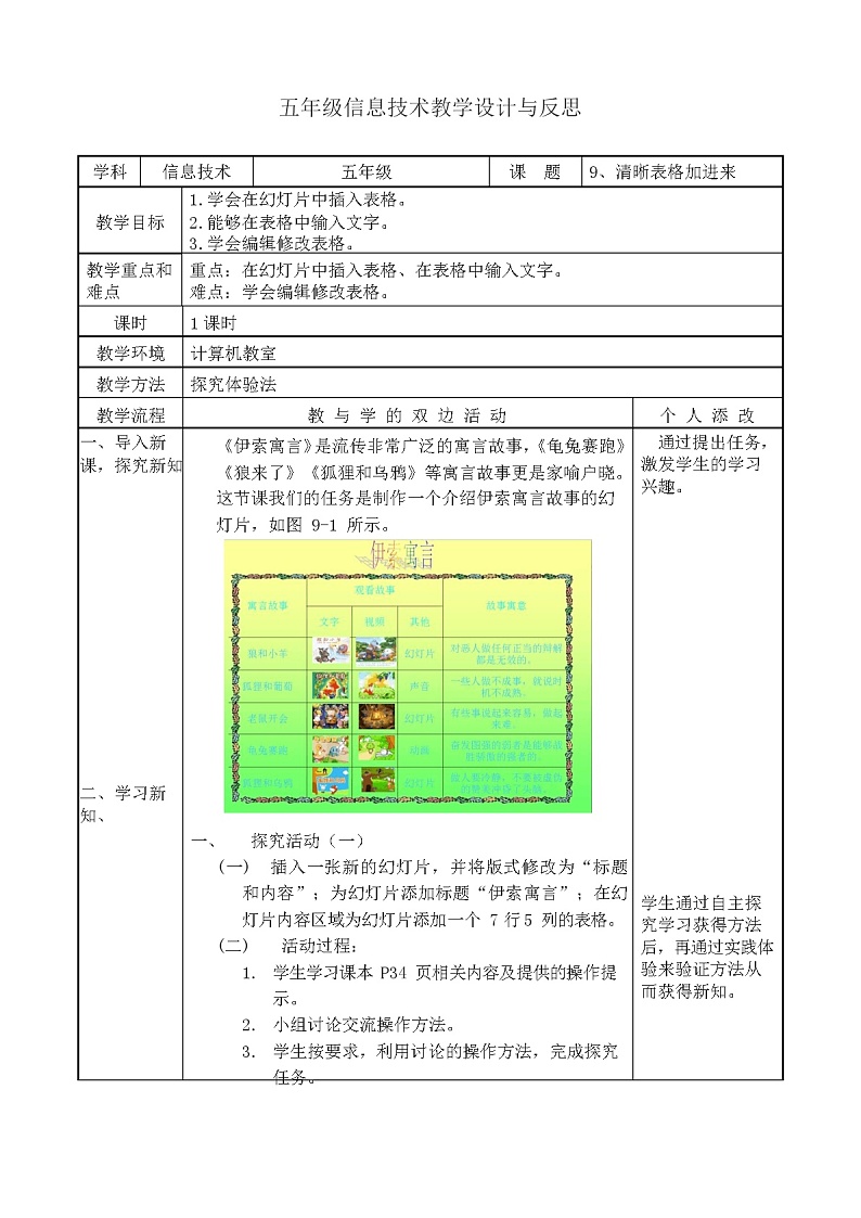 教科(云南)版 五年级下册信息技术 9 清晰表格加进来 教案(表格式)01