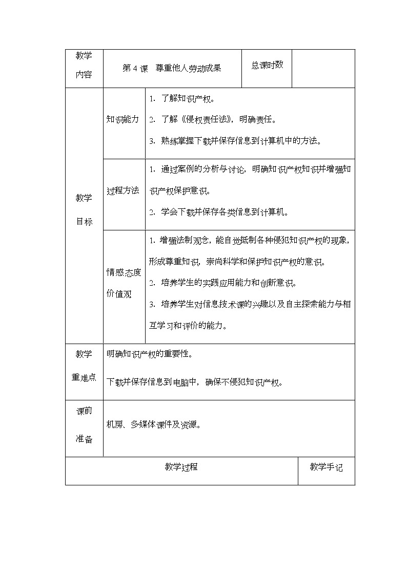 新南方版信息技术五下 第4课 尊重他人劳动成果 教案(表格式)第1页