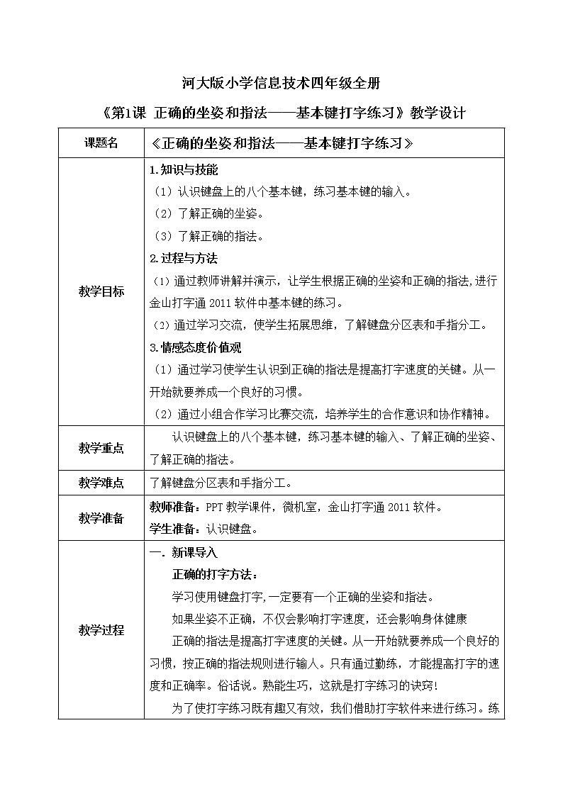 河大版第一单元第1课《正确的坐姿和指法——基本键打字练习》教案第1页