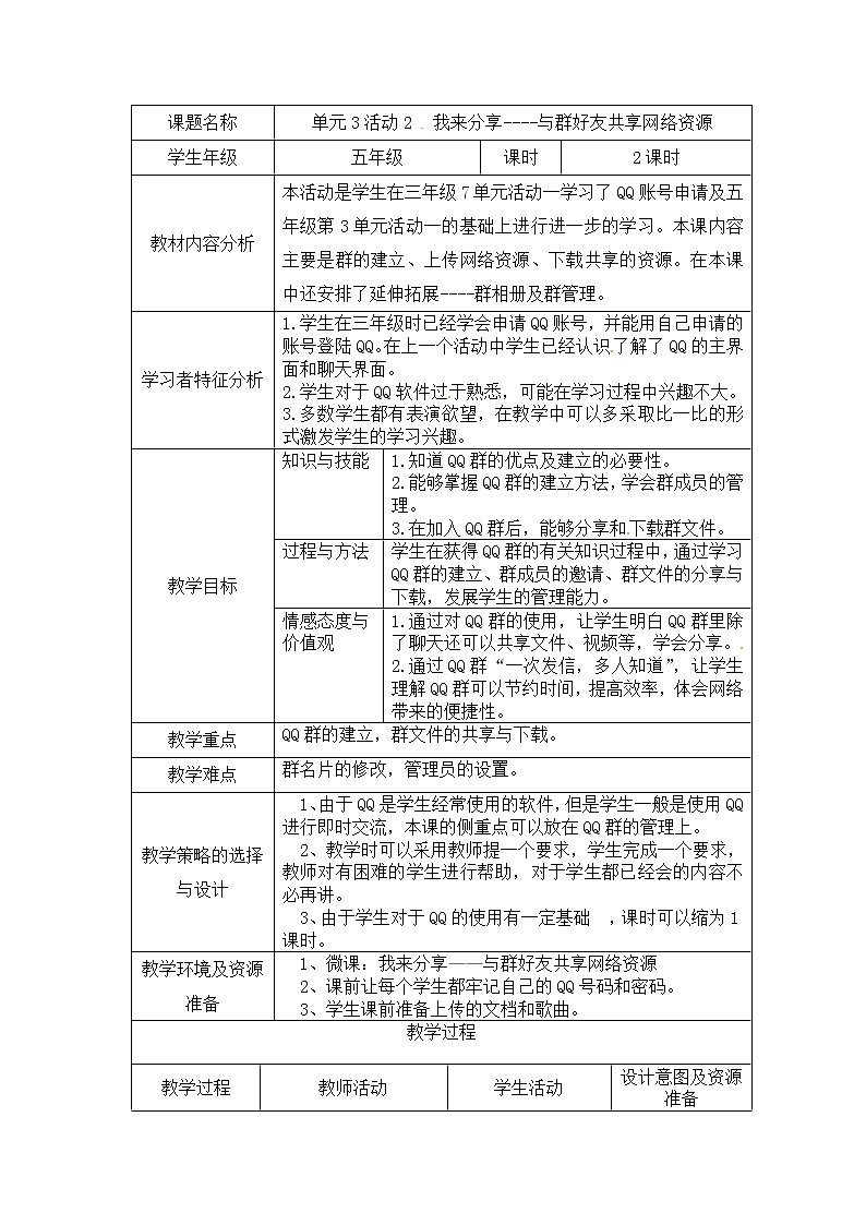 第3单元 沟通无限——网上及时交流 活动2 我来分享——与群好友共享网络资源 教案第1页
