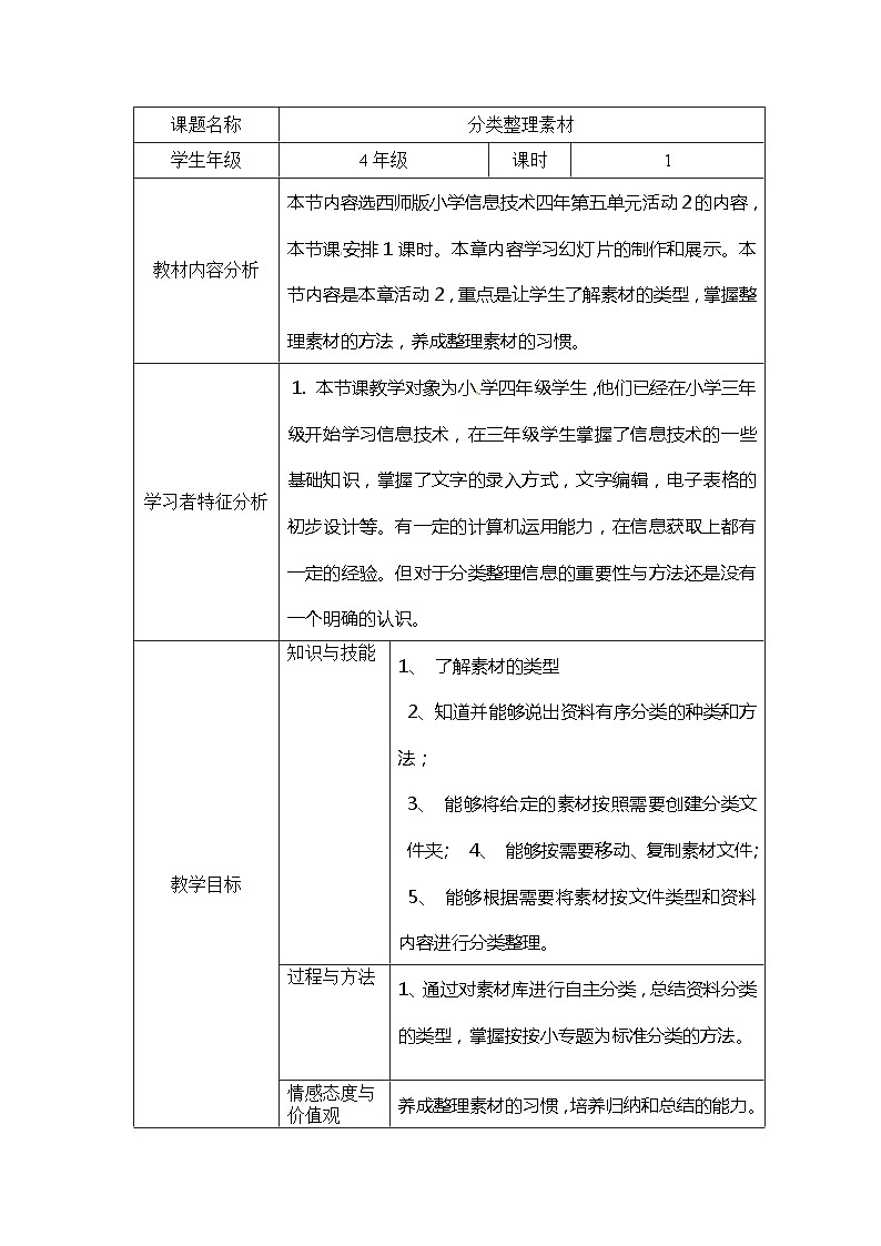 西师大版四年级下册信息技术第5单元 我是学校一员 活动2分类整理素材 教案01