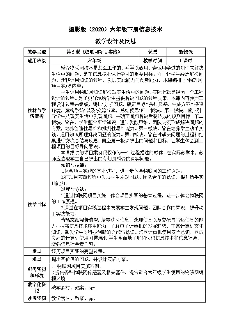 六年级下册信息技术-第一单元第5课《物联网项目实践》 浙江摄影版2020教案第1页