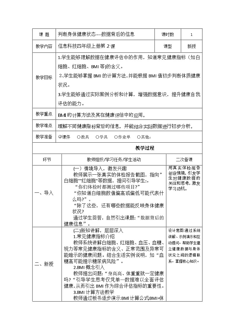 清华版(贵州)2024信息科技四年级上册第1-2课《判断身体健康状态》教案(表格式)第1页