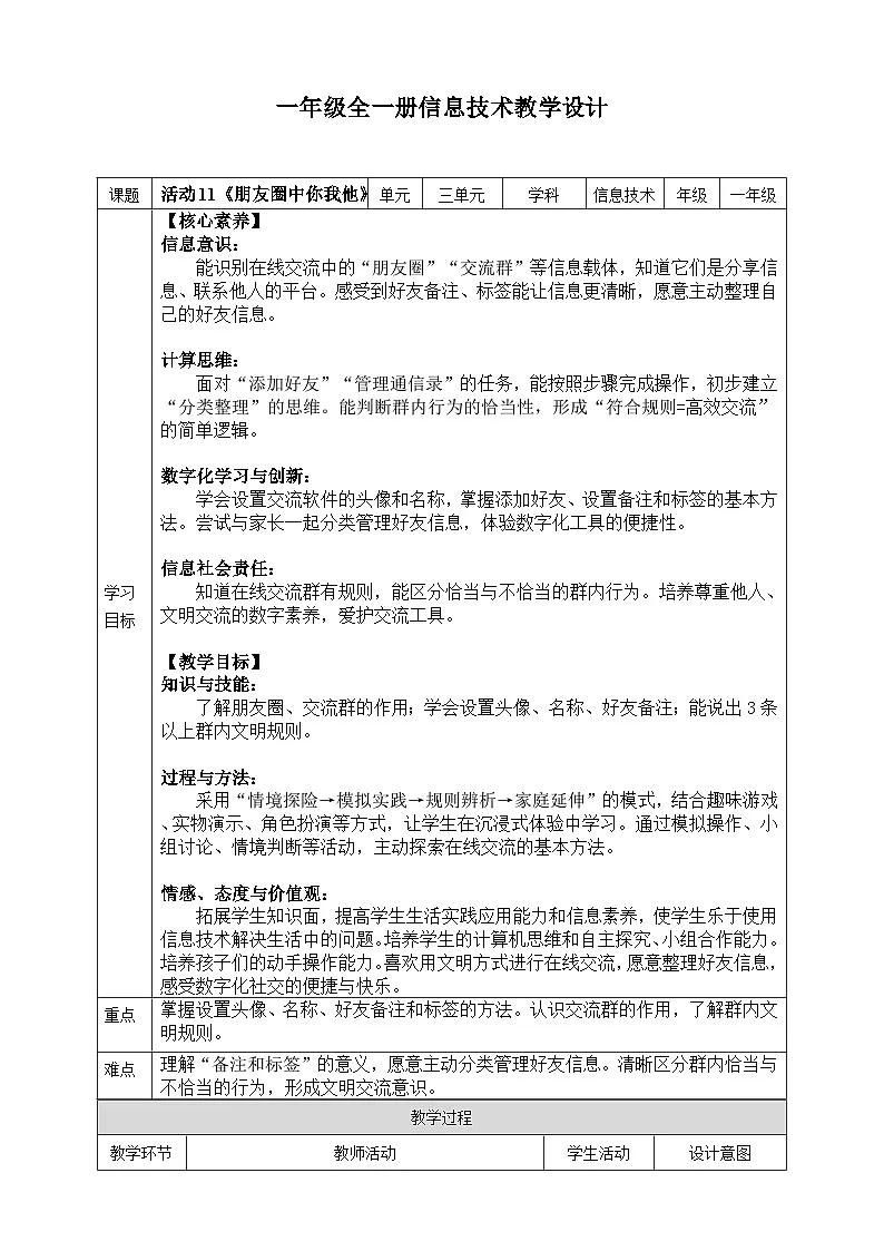 【核心素养目标】人教版2024信息科技一年级全一册第三单元活动11《朋友圈中你我他》教案第1页