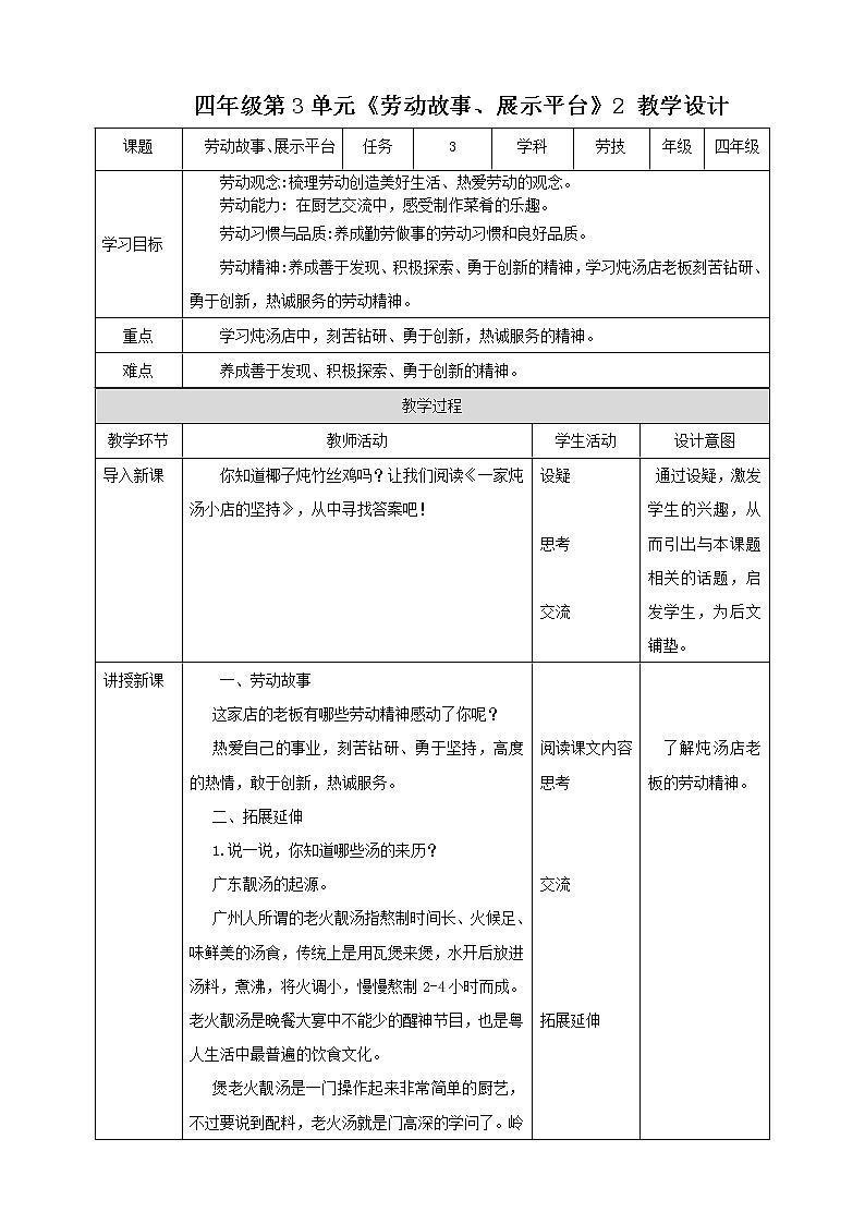 四年级全一册《劳动与技术》第三单元 《劳动故事、展示平台》2 教案01