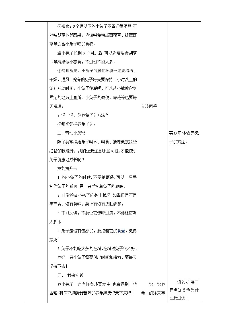 四年级全一册《劳动与技术》第四单元 活动2《养小兔子》教案03