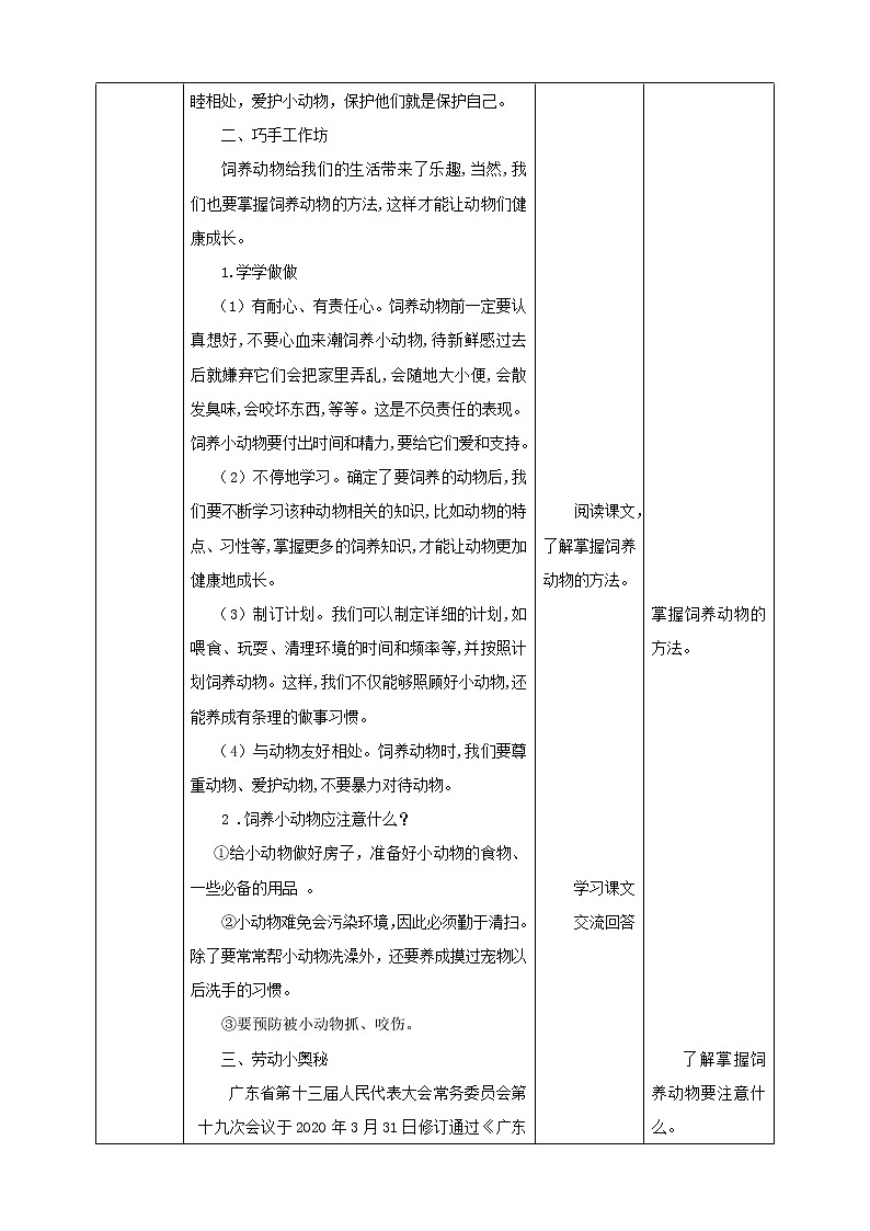 四年级全一册《劳动与技术》第四单元 活动4《饲养动物的学问》教案02