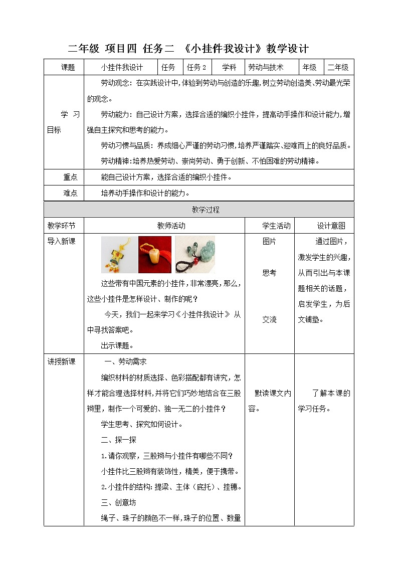 【浙教版】二年级下册《劳动》项目四 任务二 《小挂件我设计》 教案第1页