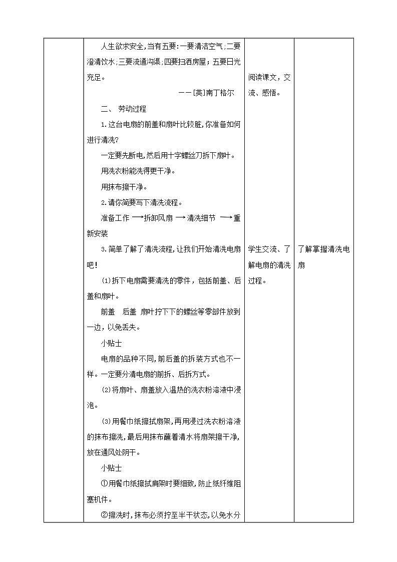 北师大版劳技六年级教案第11课《电扇清洗我能行》教案第2页