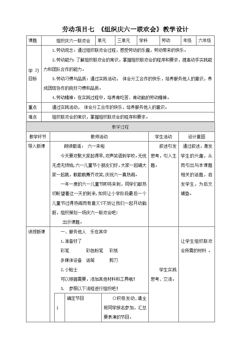 【人教版】六下劳技 项目七《组织庆六一联欢会》 课件+教案+素材01